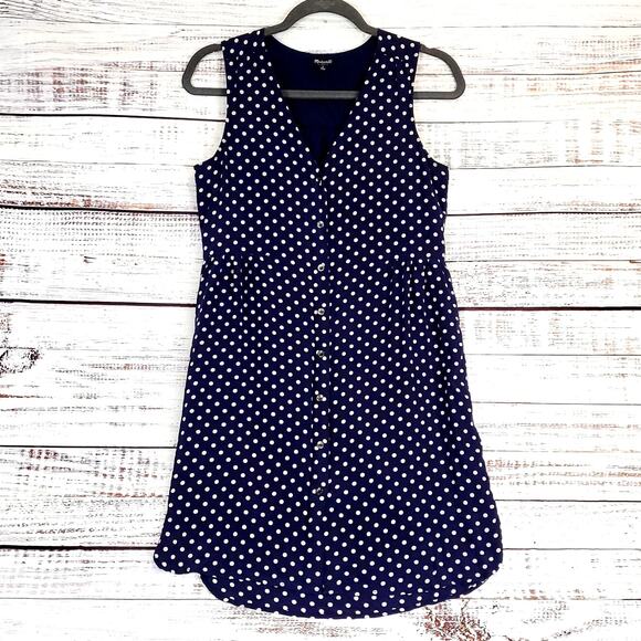 Madewell Dresses & Skirts - Madewell Odette Silk Blue Polkadot Dress Navy with White Button Down V-Neck S